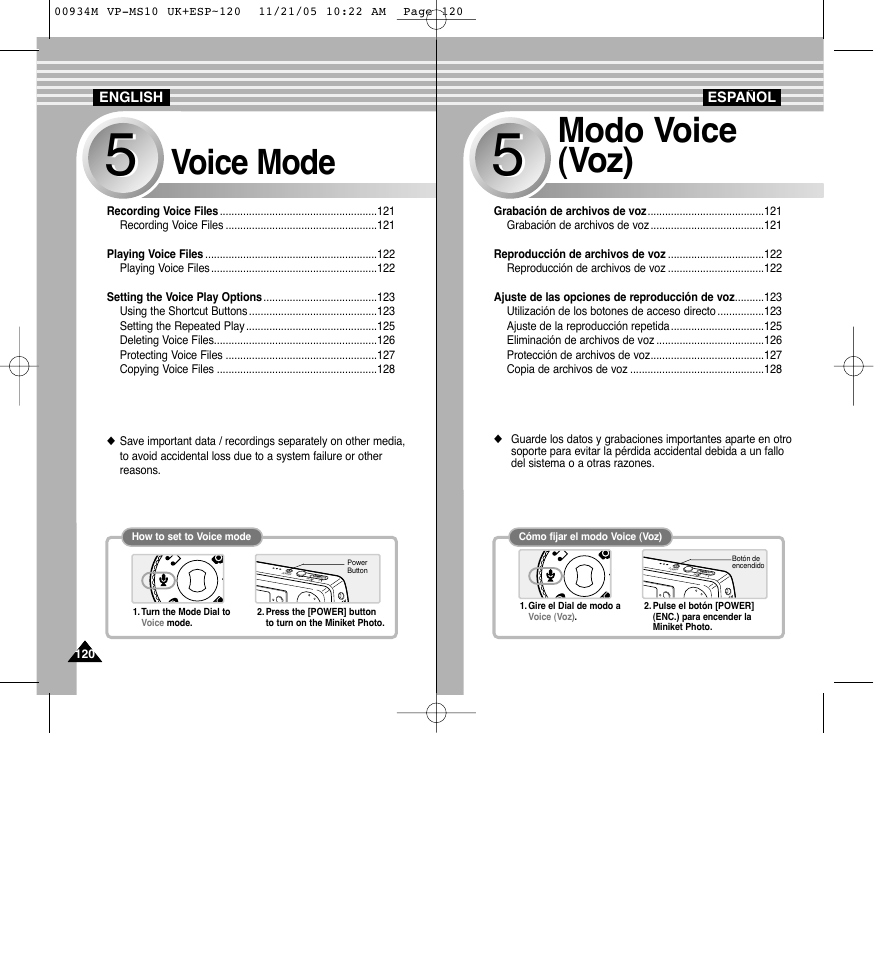 Voice mode, Modo voice (voz) | Samsung VP - MS15(R) User Manual | Page 121 / 158