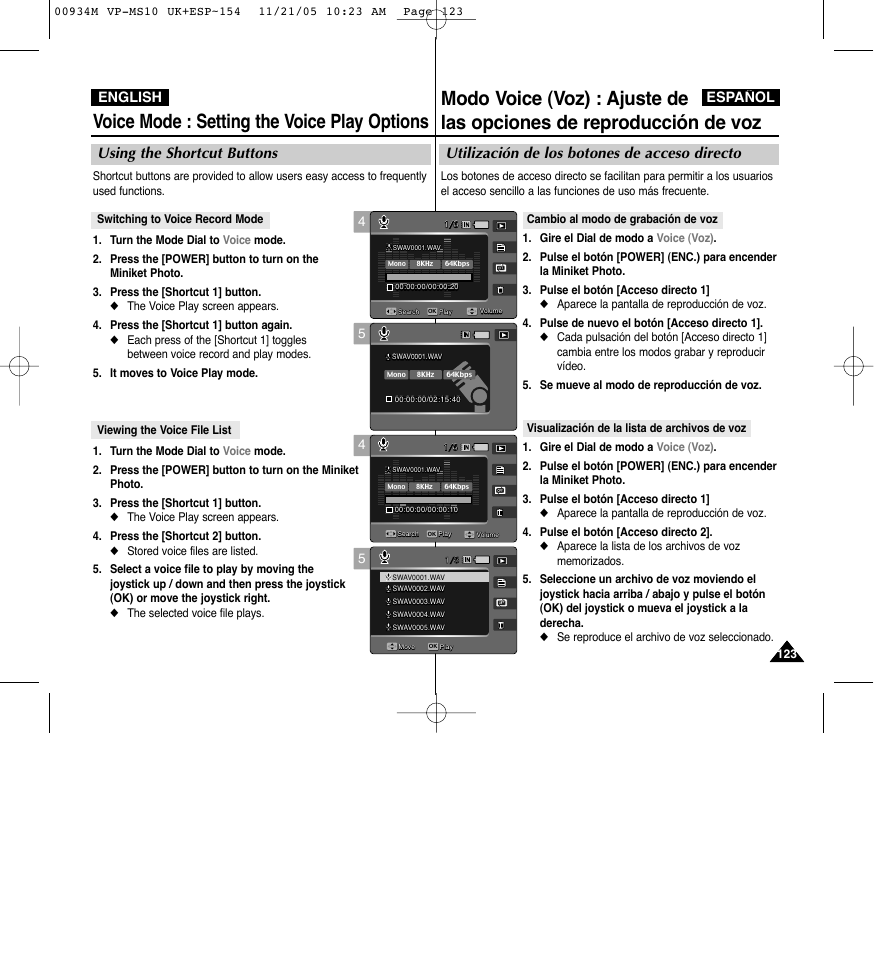 Voice mode : setting the voice play options, Utilización de los botones de acceso directo, Using the shortcut buttons | Español english | Samsung VP - MS15(R) User Manual | Page 124 / 158