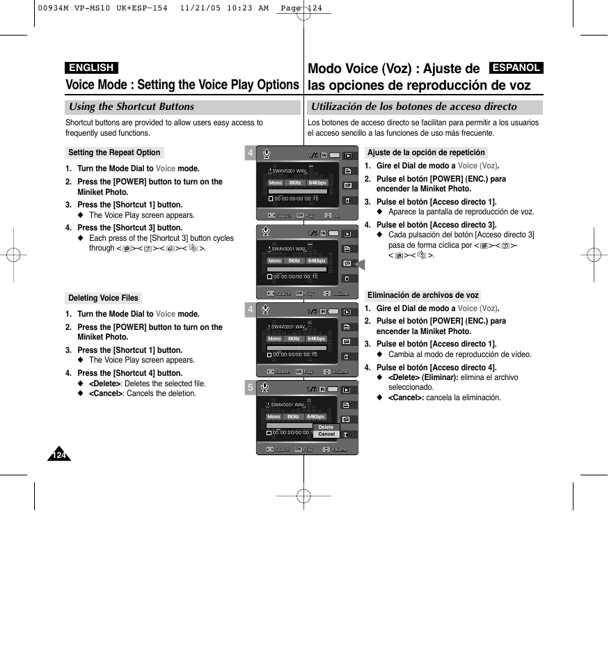 Voice mode : setting the voice play options, Utilización de los botones de acceso directo, Using the shortcut buttons | English español | Samsung VP - MS15(R) User Manual | Page 125 / 158
