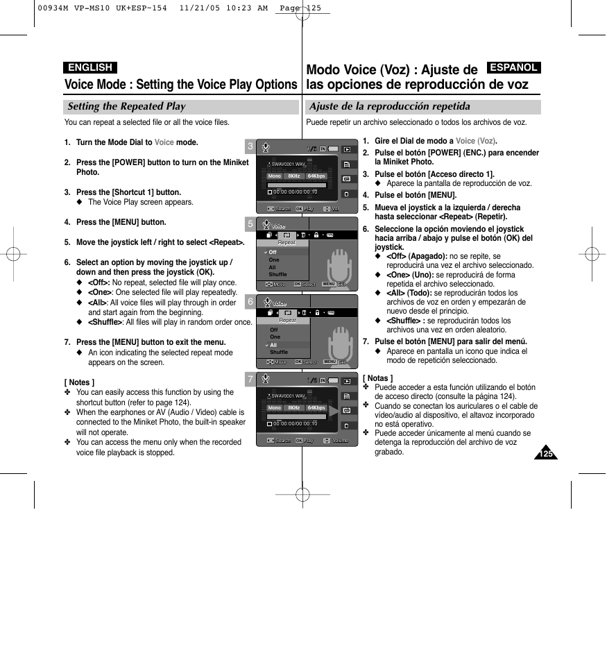 Voice mode : setting the voice play options, Ajuste de la reproducción repetida, Setting the repeated play | Español english | Samsung VP - MS15(R) User Manual | Page 126 / 158