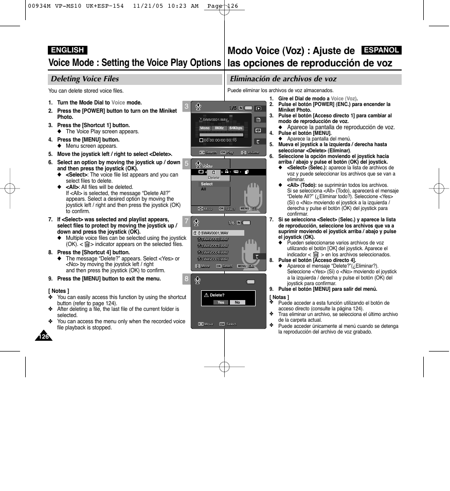 Voice mode : setting the voice play options, Eliminación de archivos de voz, Deleting voice files | English español, Aparece la pantalla de reproducción de voz | Samsung VP - MS15(R) User Manual | Page 127 / 158