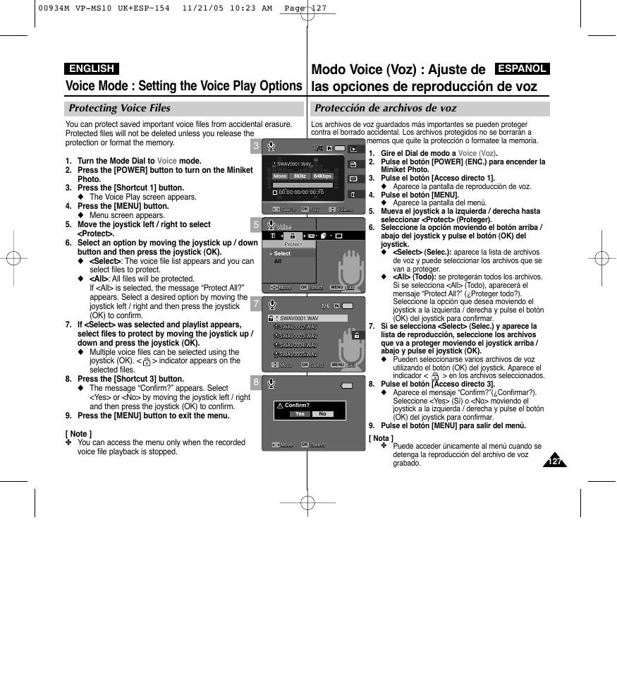 Voice mode : setting the voice play options, Protección de archivos de voz, Protecting voice files | Español english | Samsung VP - MS15(R) User Manual | Page 128 / 158