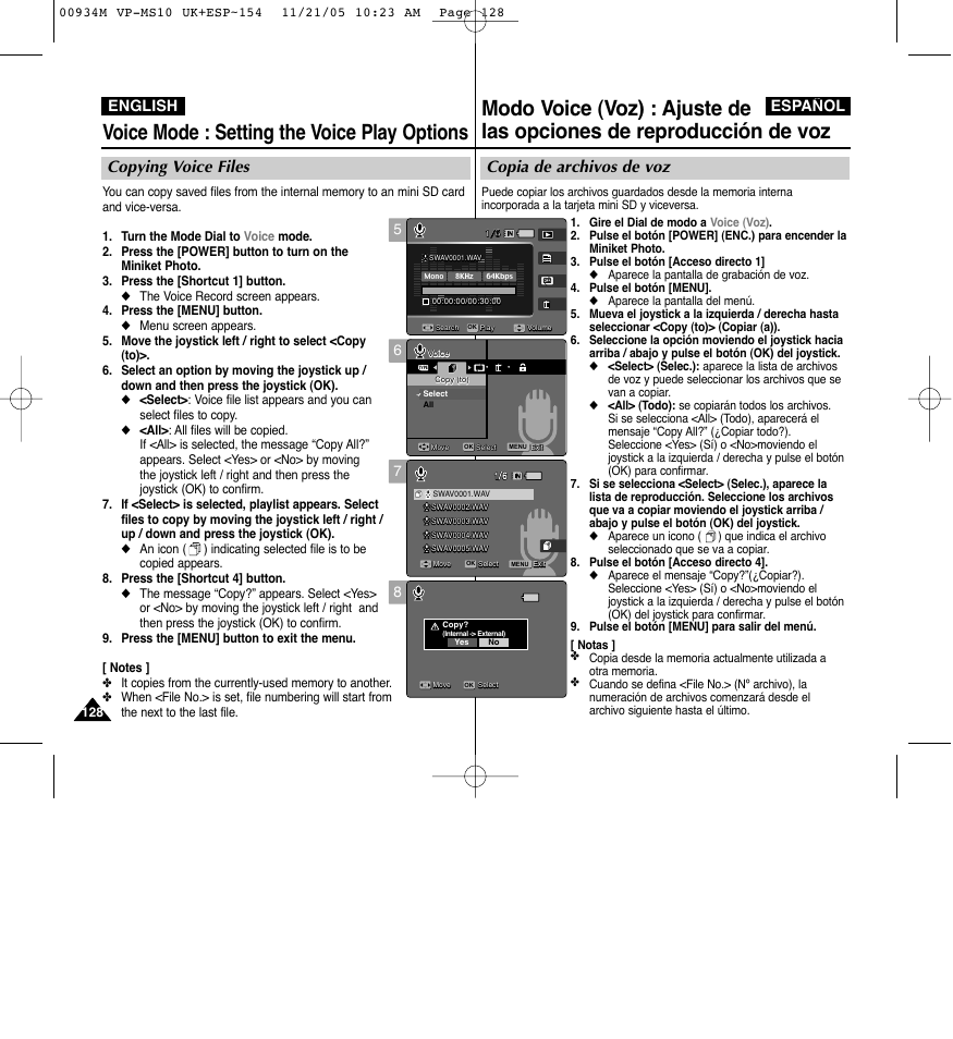 Voice mode : setting the voice play options, Copia de archivos de voz, Copying voice files | English español | Samsung VP - MS15(R) User Manual | Page 129 / 158