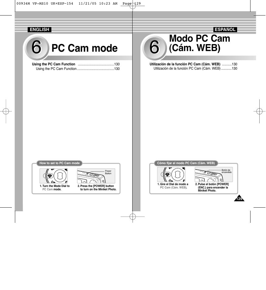 Pc cam mode, Modo pc cam (cám. web) | Samsung VP - MS15(R) User Manual | Page 130 / 158