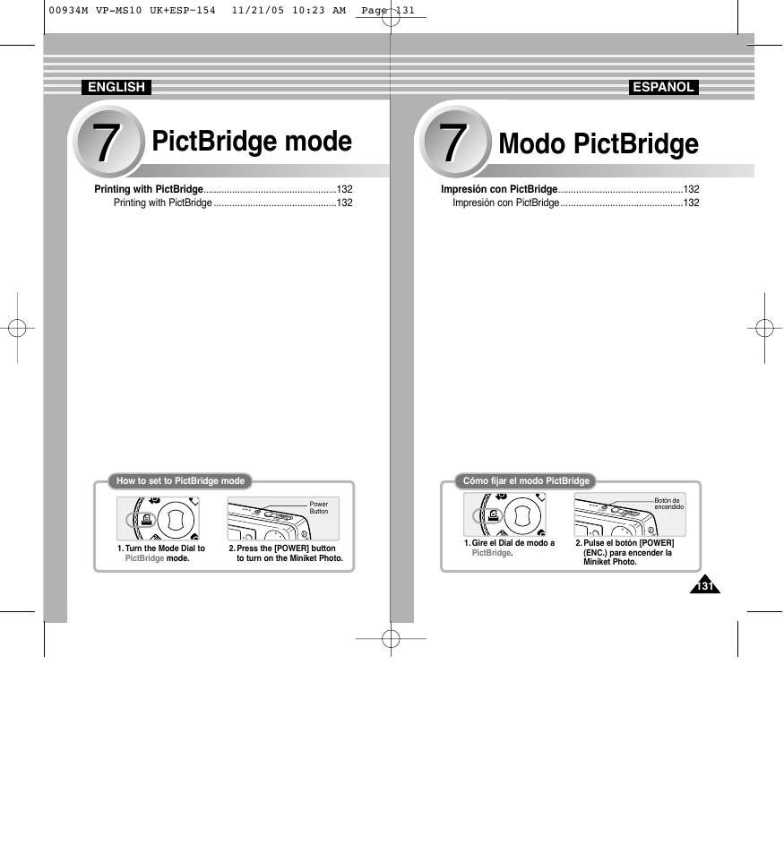 Pictbridge mode, Modo pictbridge | Samsung VP - MS15(R) User Manual | Page 132 / 158