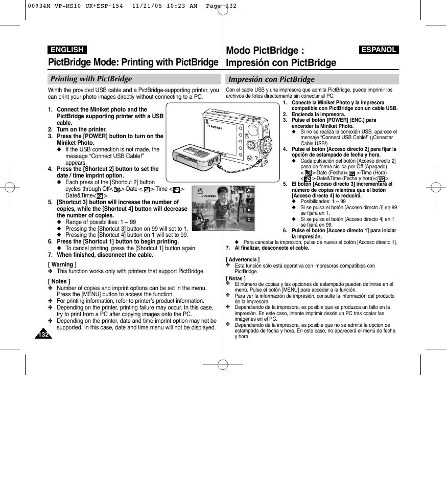 Modo pictbridge : impresión con pictbridge, Pictbridge mode: printing with pictbridge, Impresión con pictbridge | Printing with pictbridge | Samsung VP - MS15(R) User Manual | Page 133 / 158