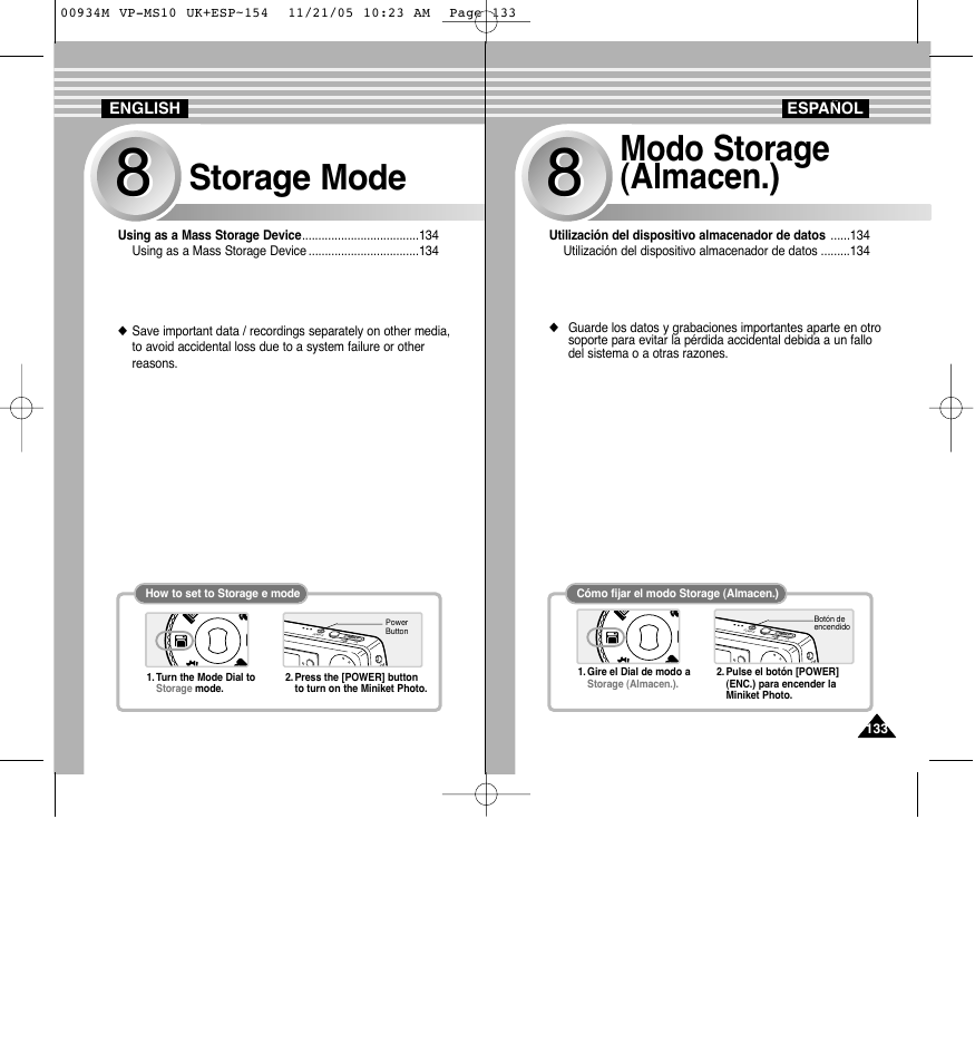 Storage mode, Modo storage (almacen.) | Samsung VP - MS15(R) User Manual | Page 134 / 158
