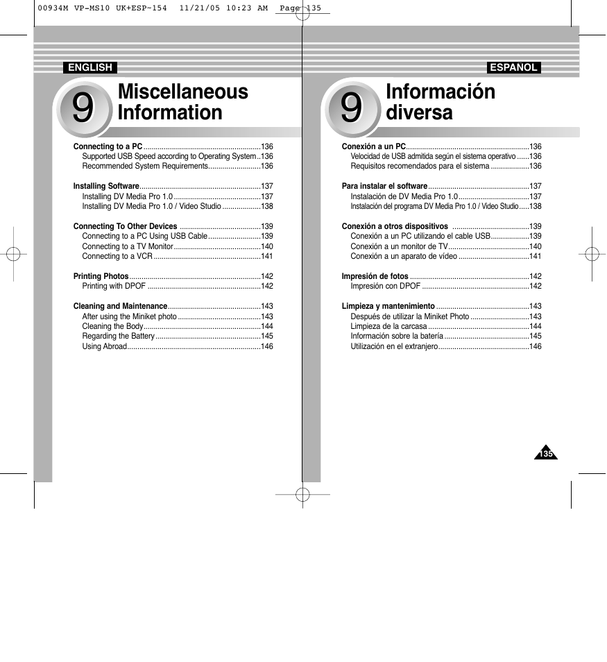 Miscellaneous information, Información diversa | Samsung VP - MS15(R) User Manual | Page 136 / 158