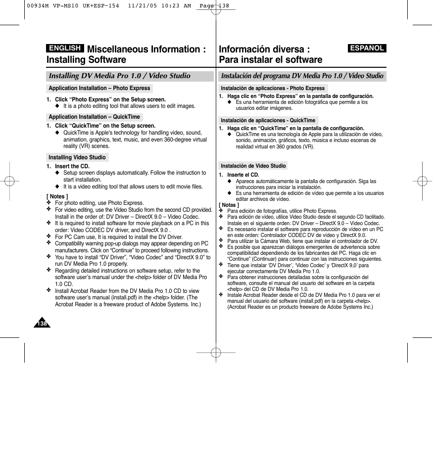 Información diversa : para instalar el software, Miscellaneous information : installing software | Samsung VP - MS15(R) User Manual | Page 139 / 158