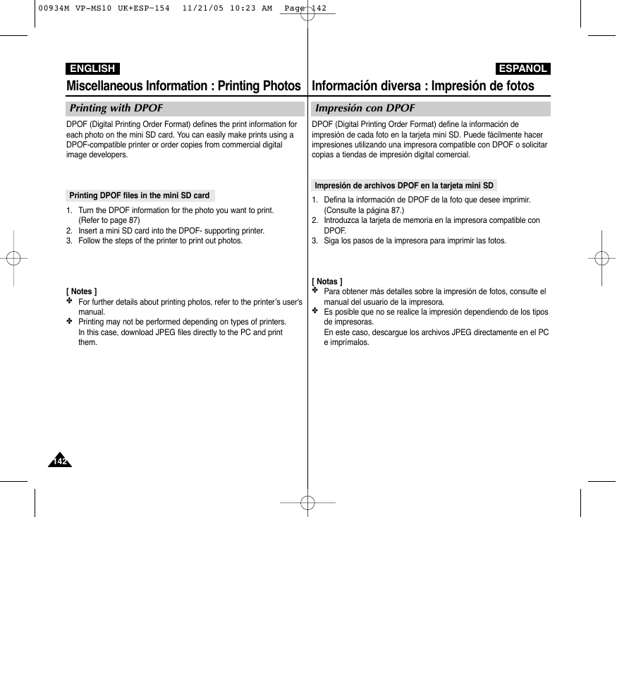 Información diversa : impresión de fotos, Miscellaneous information : printing photos | Samsung VP - MS15(R) User Manual | Page 143 / 158