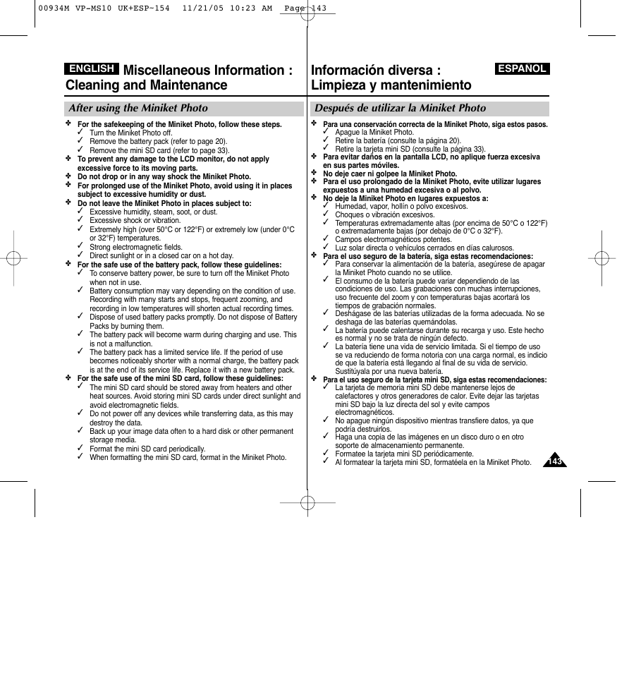 Información diversa : limpieza y mantenimiento, Después de utilizar la miniket photo, After using the miniket photo | Samsung VP - MS15(R) User Manual | Page 144 / 158
