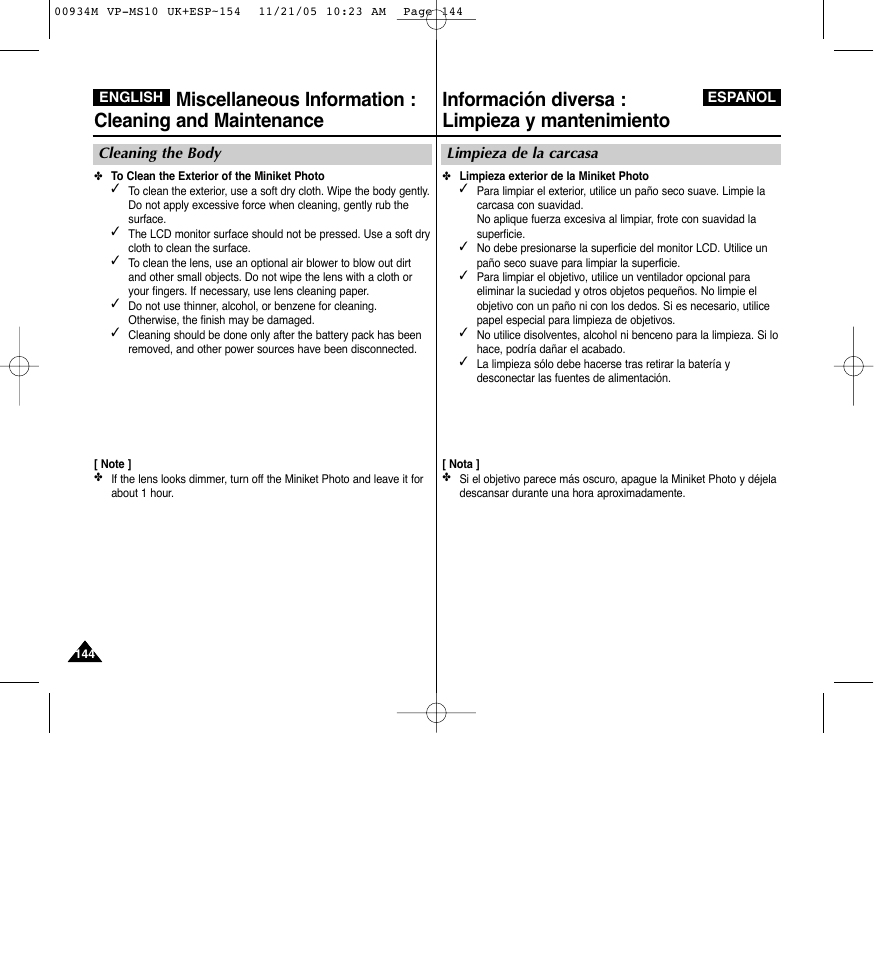 Información diversa : limpieza y mantenimiento | Samsung VP - MS15(R) User Manual | Page 145 / 158