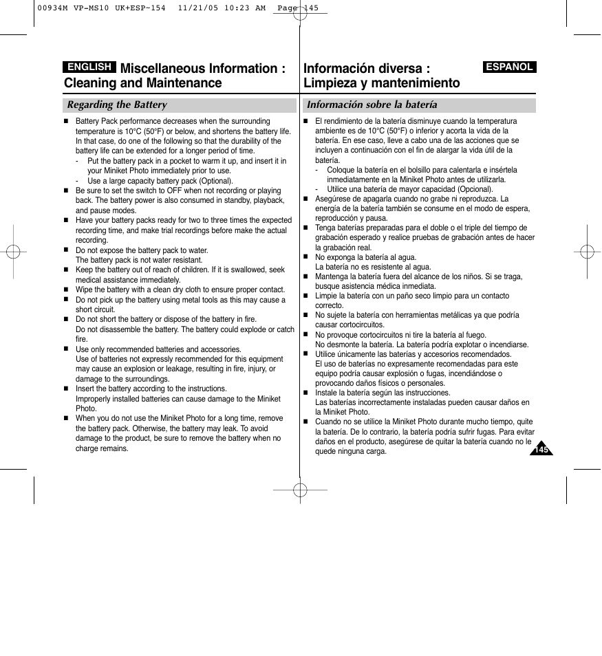 Información diversa : limpieza y mantenimiento, Información sobre la batería, Regarding the battery | Samsung VP - MS15(R) User Manual | Page 146 / 158