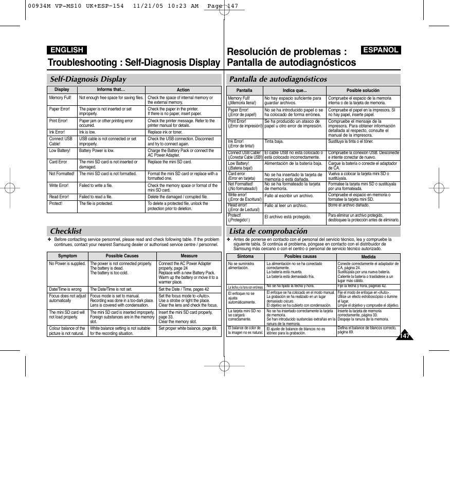 Troubleshooting : self-diagnosis display, Pantalla de autodiagnósticos lista de comprobación, Self-diagnosis display checklist | Español english | Samsung VP - MS15(R) User Manual | Page 148 / 158