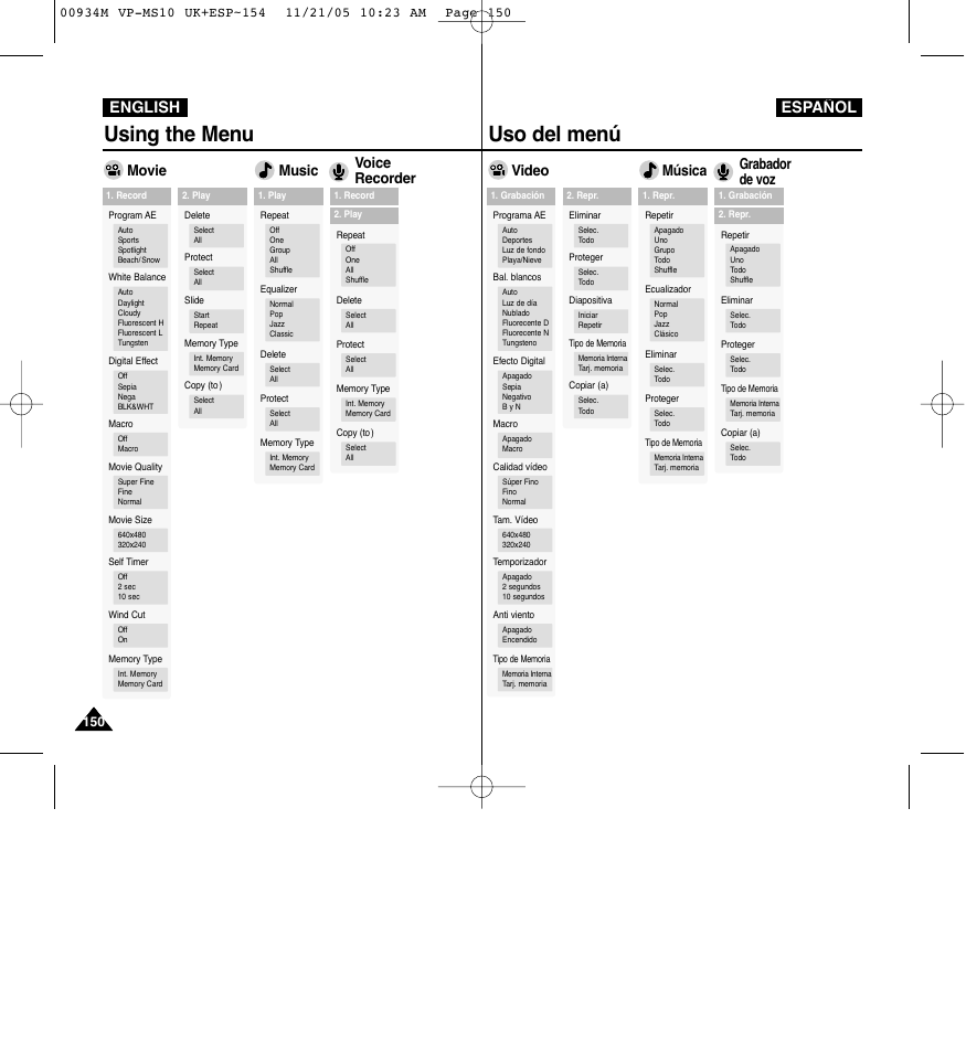 Uso del menú, Using the menu, English español | Grabador de voz música video, Voice recorder music movie | Samsung VP - MS15(R) User Manual | Page 151 / 158