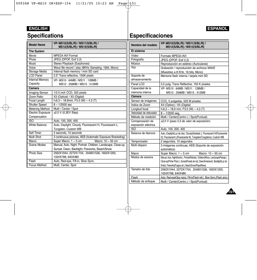 Especificaciones, Specifications | Samsung VP - MS15(R) User Manual | Page 152 / 158