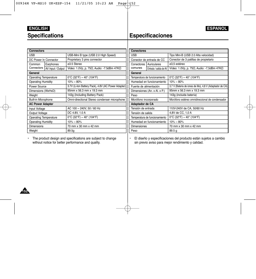 Especificaciones, Specifications, English español | Samsung VP - MS15(R) User Manual | Page 153 / 158