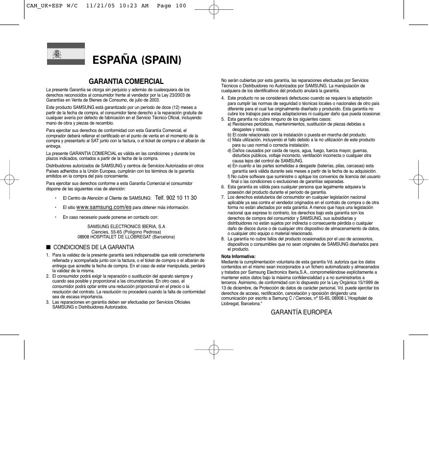 España (spain), Garantia comercial | Samsung VP - MS15(R) User Manual | Page 156 / 158