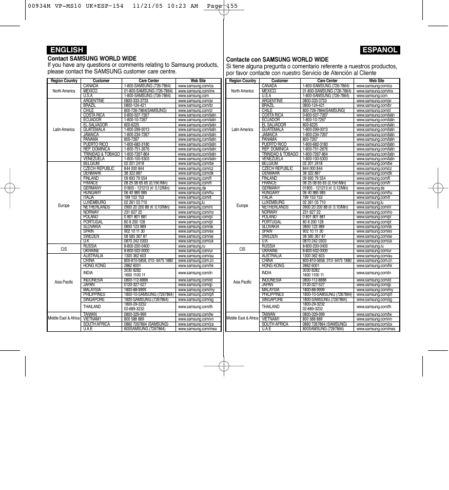 English español | Samsung VP - MS15(R) User Manual | Page 157 / 158