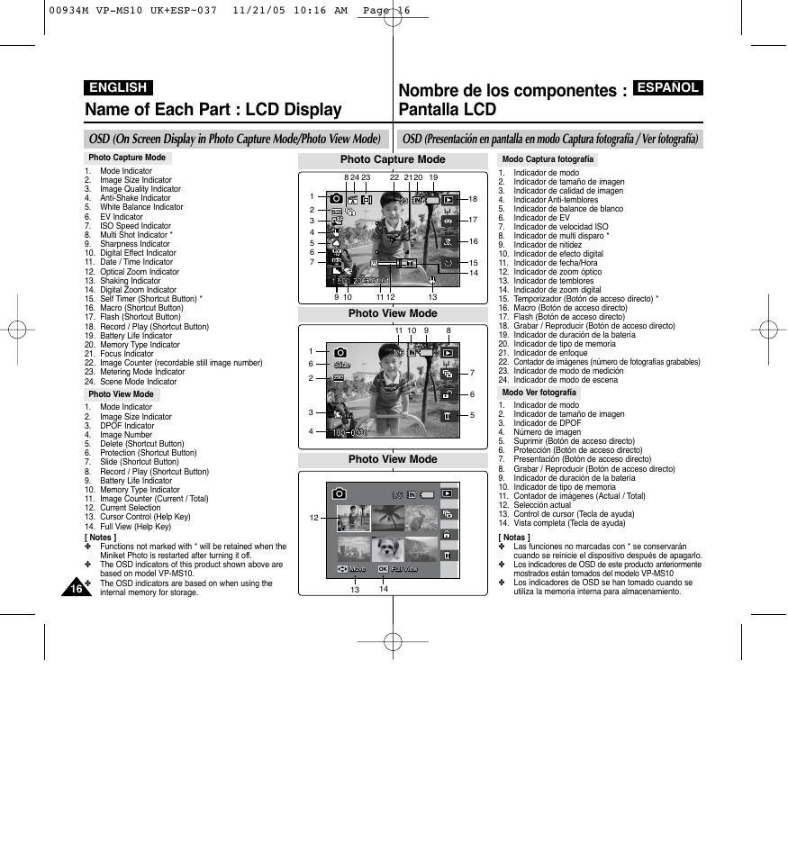Nombre de los componentes : pantalla lcd, Name of each part : lcd display, English español | Samsung VP - MS15(R) User Manual | Page 17 / 158