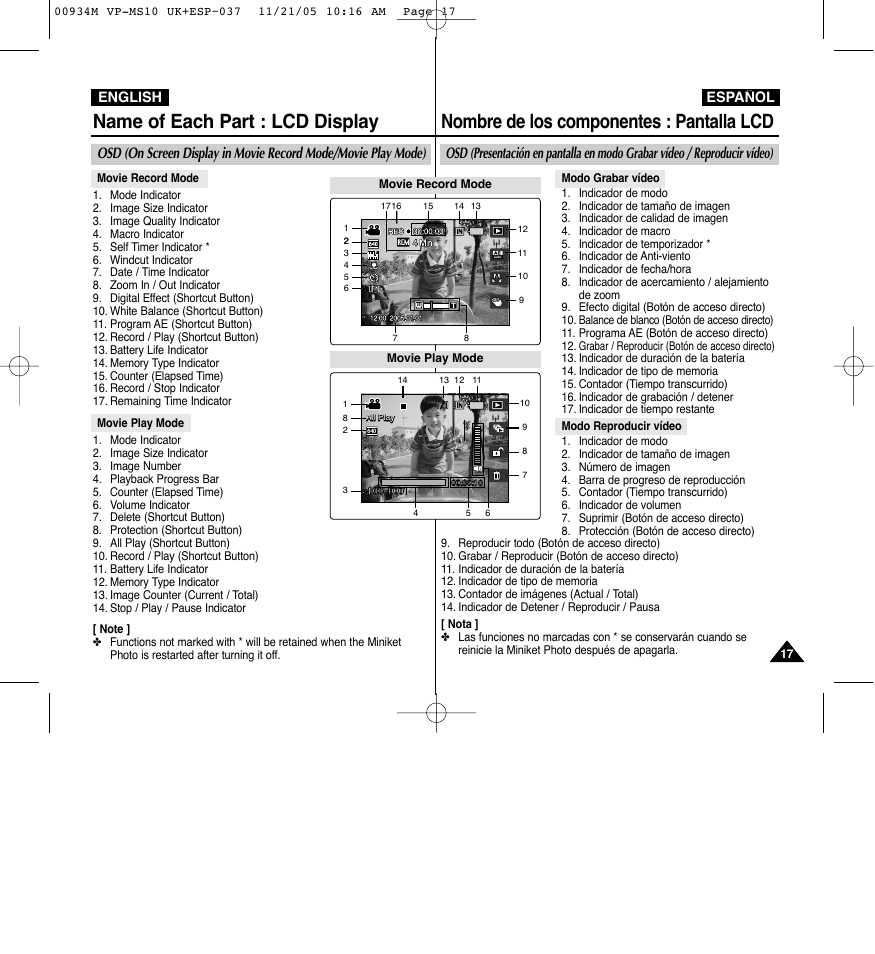 Nombre de los componentes : pantalla lcd, Name of each part : lcd display, Español | English | Samsung VP - MS15(R) User Manual | Page 18 / 158