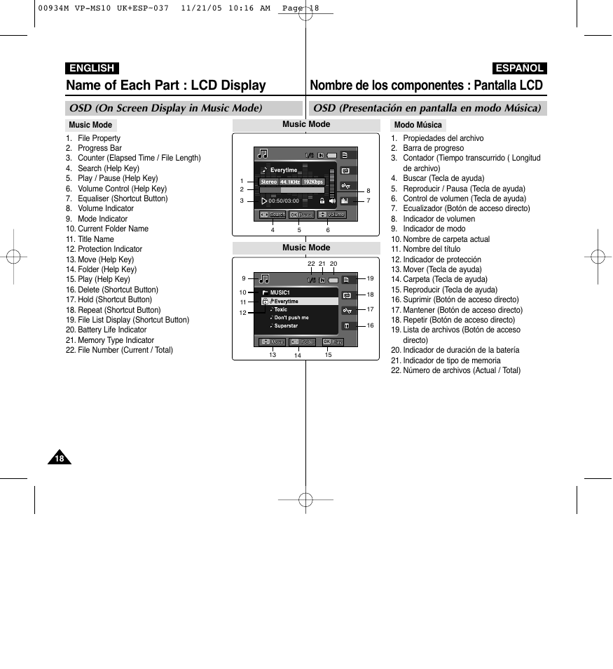 Nombre de los componentes : pantalla lcd, Name of each part : lcd display, Osd (presentación en pantalla en modo música) | Osd (on screen display in music mode), English español | Samsung VP - MS15(R) User Manual | Page 19 / 158