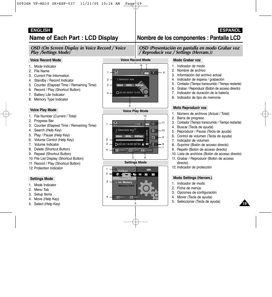 Nombre de los componentes : pantalla lcd, Name of each part : lcd display, English español | Samsung VP - MS15(R) User Manual | Page 20 / 158