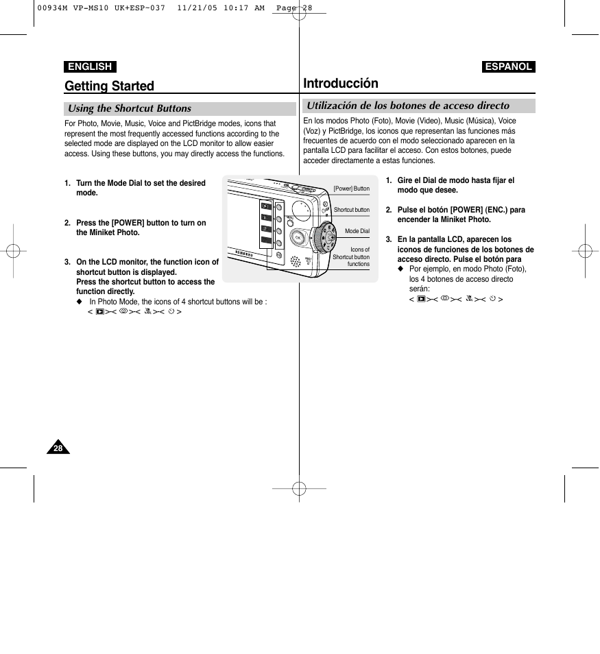 Introducción, Getting started, Utilización de los botones de acceso directo | Using the shortcut buttons | Samsung VP - MS15(R) User Manual | Page 29 / 158