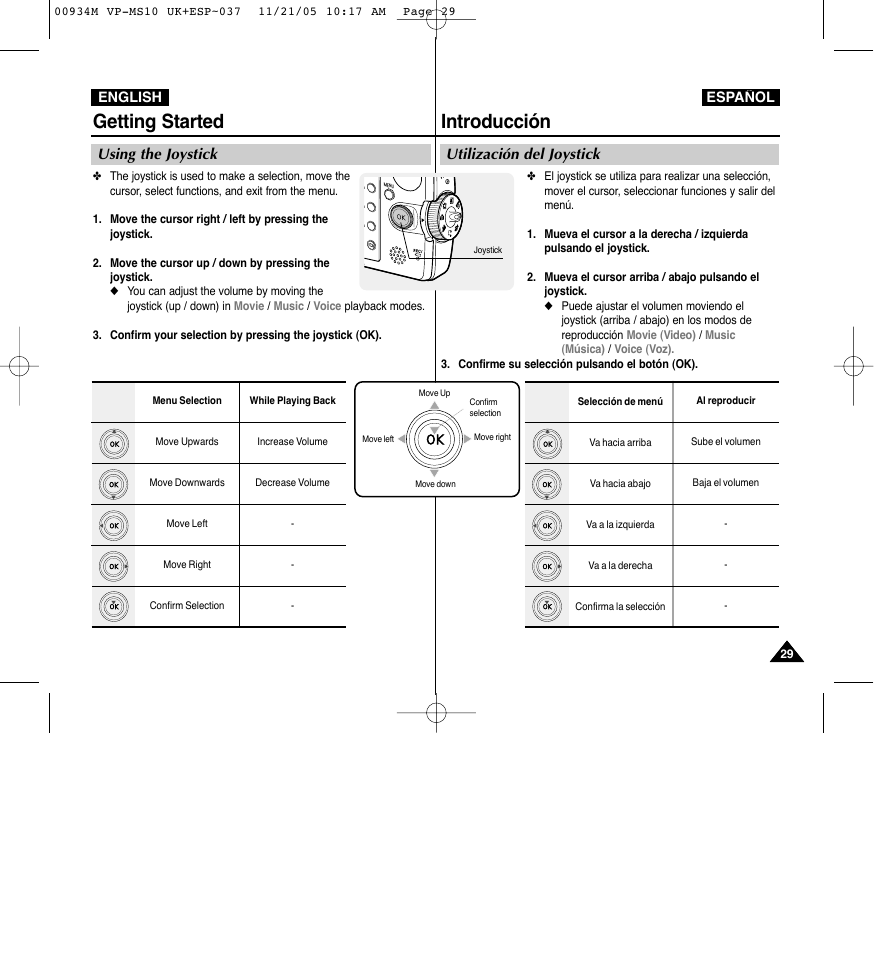 Getting started, Introducción, Using the joystick | Utilización del joystick | Samsung VP - MS15(R) User Manual | Page 30 / 158