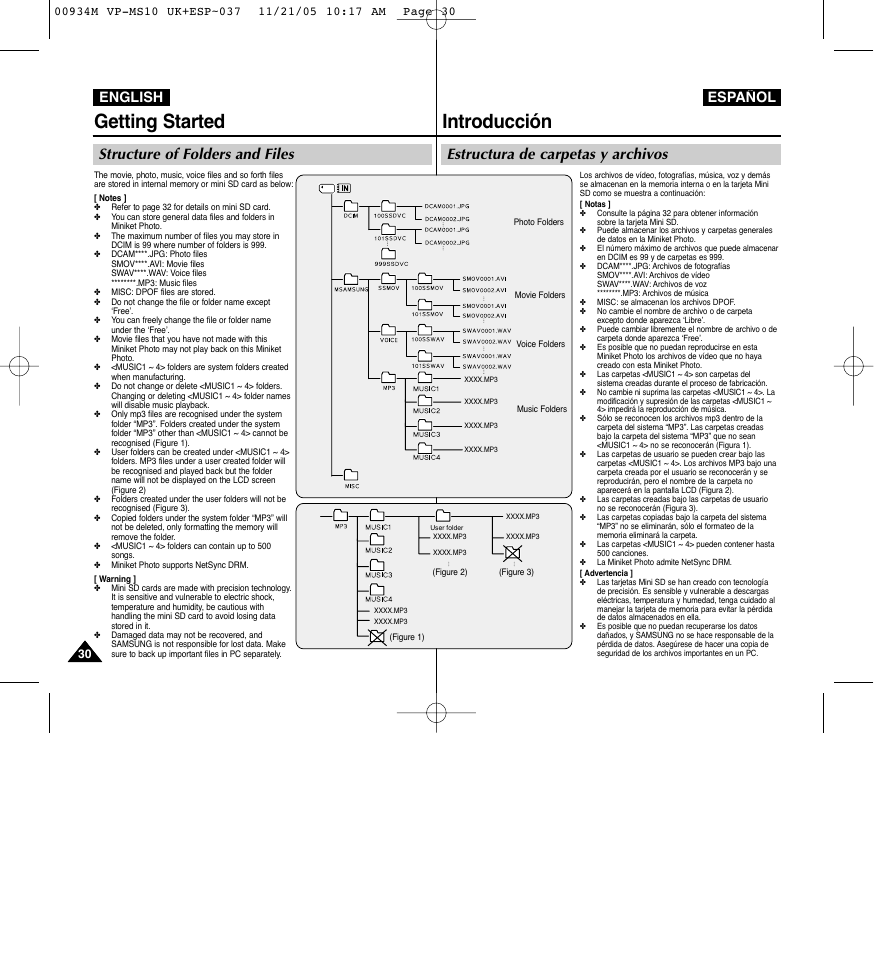 Introducción, Getting started, Estructura de carpetas y archivos | Structure of folders and files, English español | Samsung VP - MS15(R) User Manual | Page 31 / 158