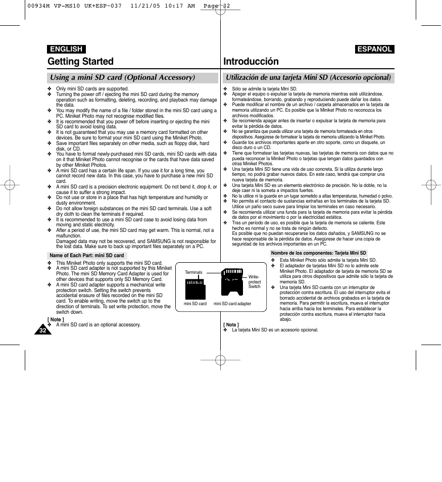 Introducción, Getting started, Using a mini sd card (optional accessory) | English español | Samsung VP - MS15(R) User Manual | Page 33 / 158