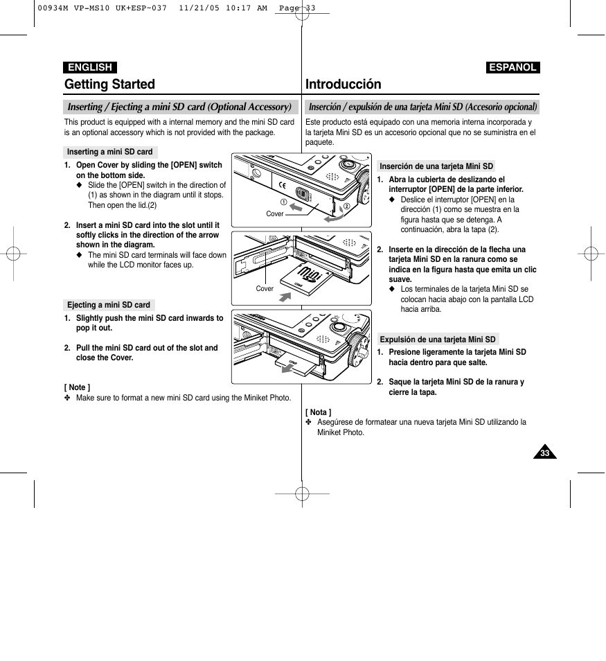 Introducción, Getting started | Samsung VP - MS15(R) User Manual | Page 34 / 158