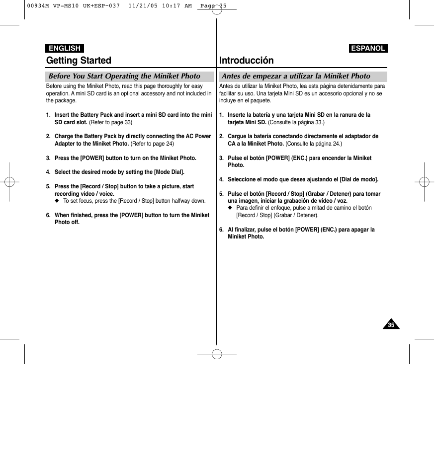 Introducción, Getting started | Samsung VP - MS15(R) User Manual | Page 36 / 158