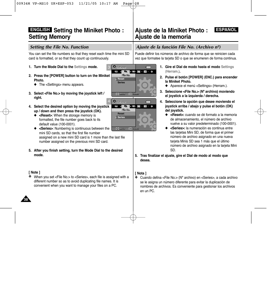 Ajuste de la función file no. (archivo nº), Setting the file no. function, English español | Samsung VP - MS15(R) User Manual | Page 39 / 158
