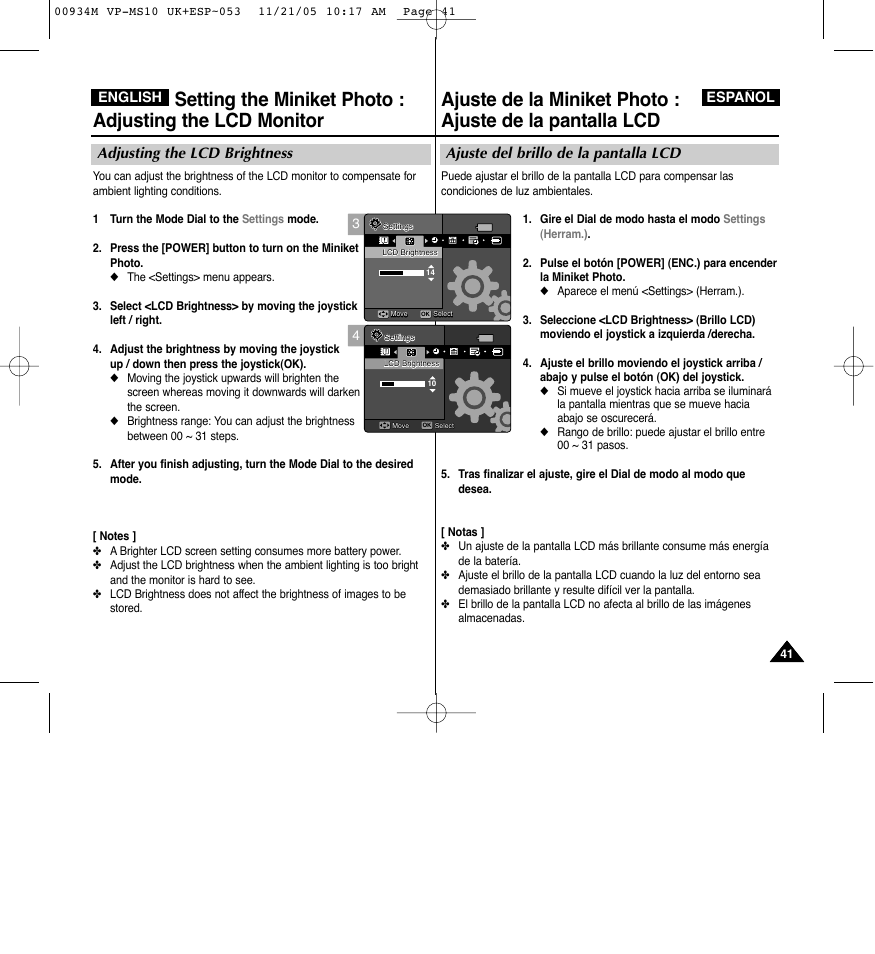 Ajuste del brillo de la pantalla lcd, Adjusting the lcd brightness | Samsung VP - MS15(R) User Manual | Page 42 / 158