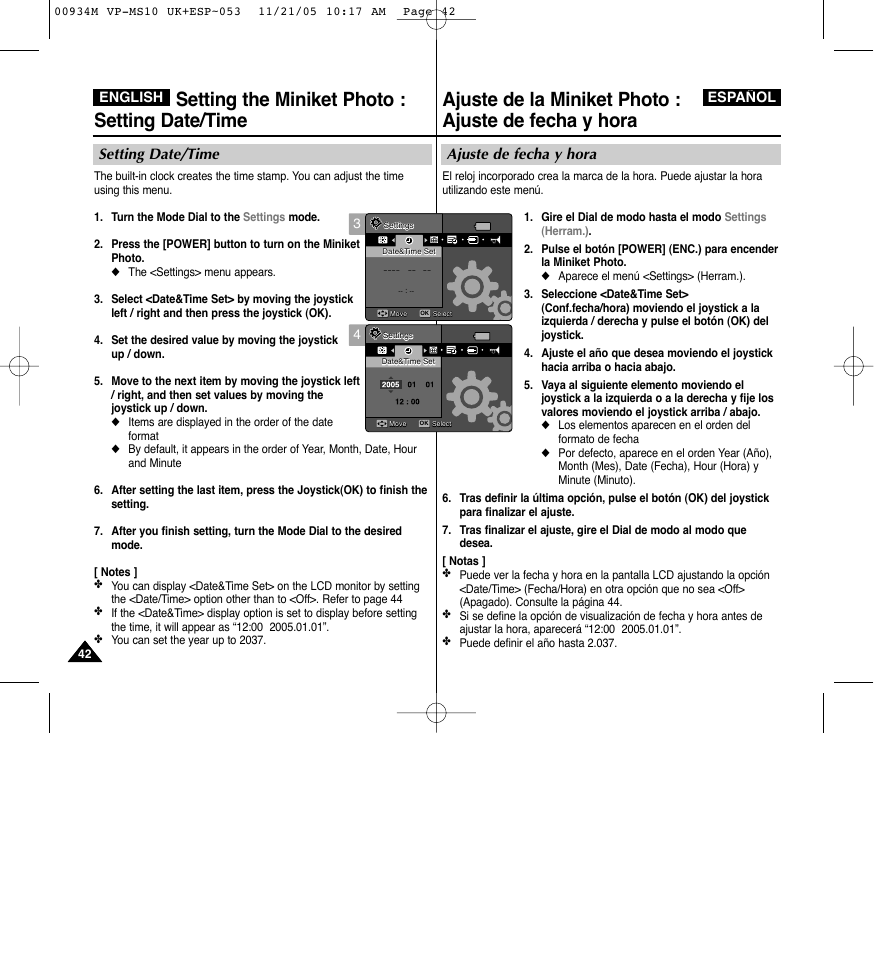 Setting the miniket photo : setting date/time, Ajuste de fecha y hora, Setting date/time | English español | Samsung VP - MS15(R) User Manual | Page 43 / 158