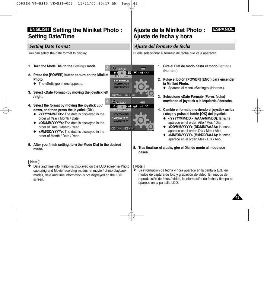 Setting the miniket photo : setting date/time, Ajuste del formato de fecha, Setting date format | Samsung VP - MS15(R) User Manual | Page 44 / 158