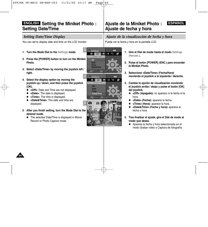 Setting the miniket photo : setting date/time, Ajuste de la visualización de fecha y hora, Setting date/time display | English español | Samsung VP - MS15(R) User Manual | Page 45 / 158