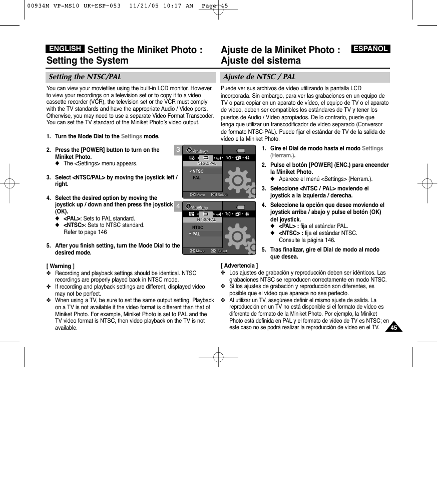 Ajuste de la miniket photo : ajuste del sistema, Setting the miniket photo : setting the system, Ajuste de ntsc / pal | Setting the ntsc/pal | Samsung VP - MS15(R) User Manual | Page 46 / 158