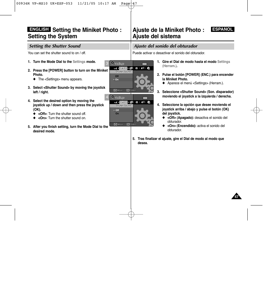 Ajuste de la miniket photo : ajuste del sistema, Setting the miniket photo : setting the system, Ajuste del sonido del obturador | Setting the shutter sound, Español, English | Samsung VP - MS15(R) User Manual | Page 48 / 158