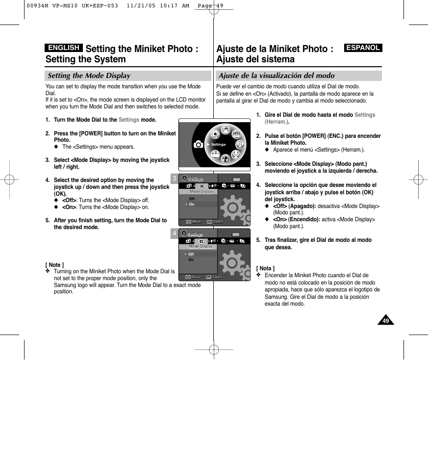 Ajuste de la miniket photo : ajuste del sistema, Setting the miniket photo : setting the system, Ajuste de la visualización del modo | Setting the mode display, Español, English | Samsung VP - MS15(R) User Manual | Page 50 / 158