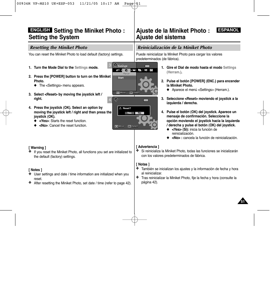 Ajuste de la miniket photo : ajuste del sistema, Setting the miniket photo : setting the system, Reinicialización de la miniket photo | Resetting the miniket photo | Samsung VP - MS15(R) User Manual | Page 52 / 158