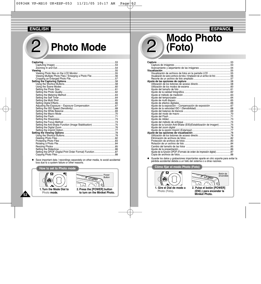 Photo mode, Modo photo (foto) | Samsung VP - MS15(R) User Manual | Page 53 / 158