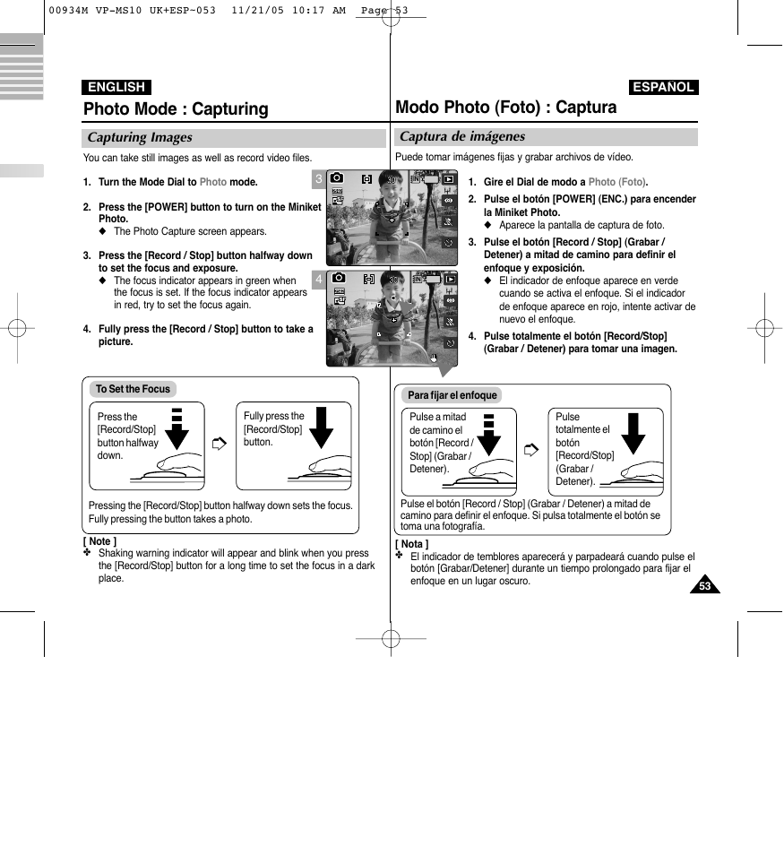 Modo photo (foto) : captura, Photo mode : capturing | Samsung VP - MS15(R) User Manual | Page 54 / 158