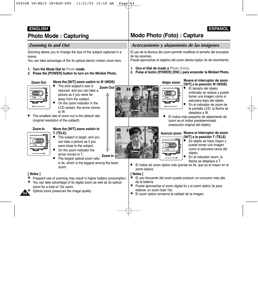 Modo photo (foto) : captura, Photo mode : capturing, Acercamiento y alejamiento de las imágenes | Zooming in and out, English español | Samsung VP - MS15(R) User Manual | Page 55 / 158