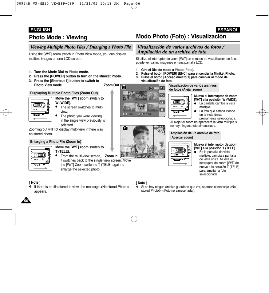 Modo photo (foto) : visualización, Photo mode : viewing, English español | Samsung VP - MS15(R) User Manual | Page 57 / 158