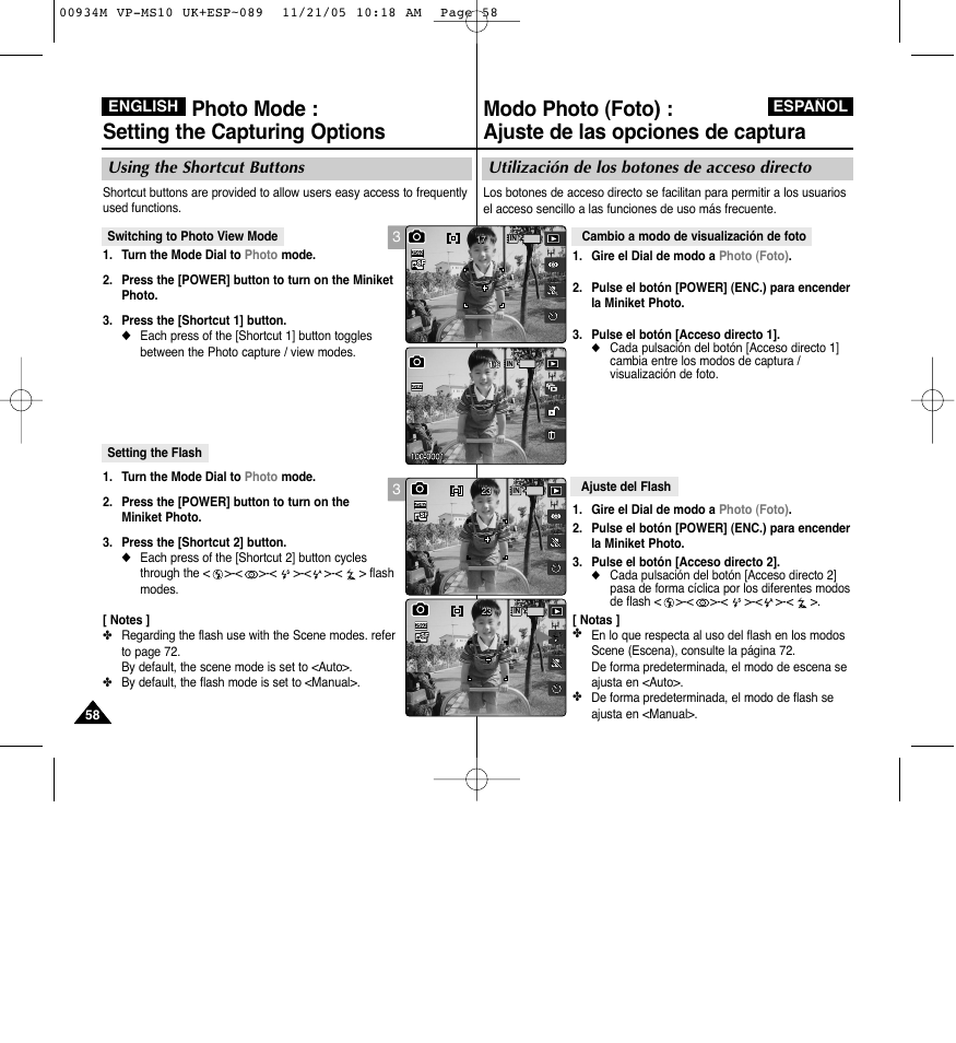 Photo mode : setting the capturing options, Utilización de los botones de acceso directo, Using the shortcut buttons | Samsung VP - MS15(R) User Manual | Page 59 / 158