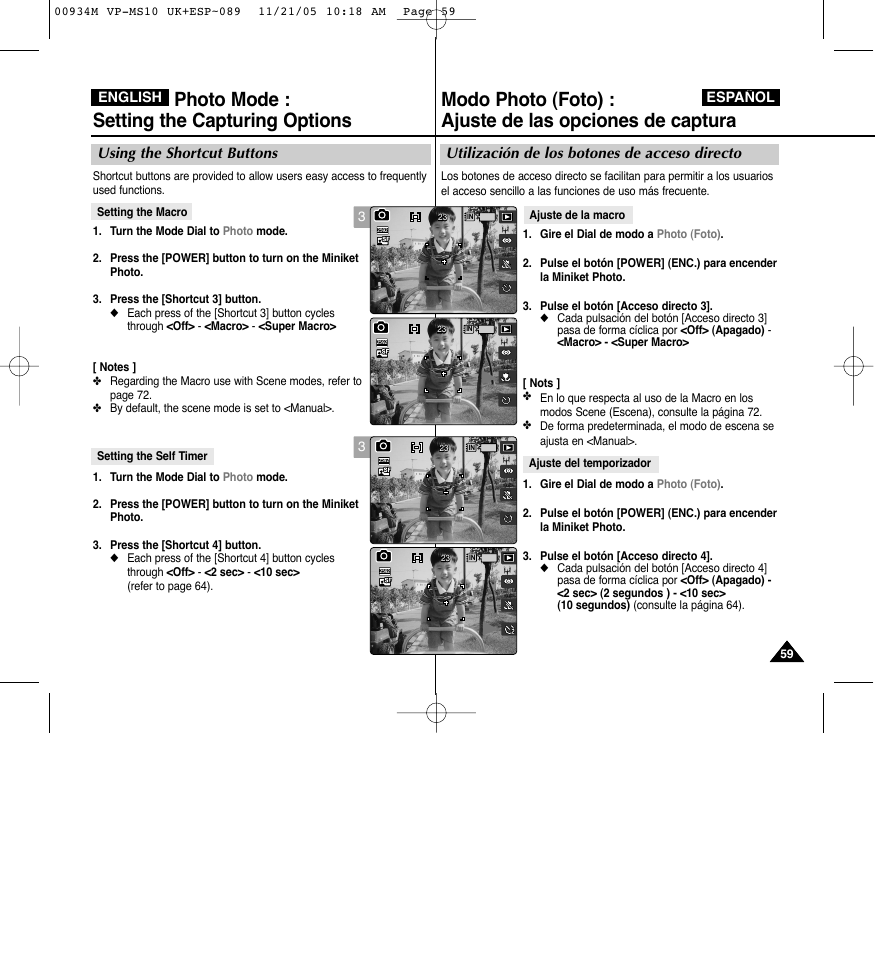 Photo mode : setting the capturing options, Utilización de los botones de acceso directo, Using the shortcut buttons | Samsung VP - MS15(R) User Manual | Page 60 / 158