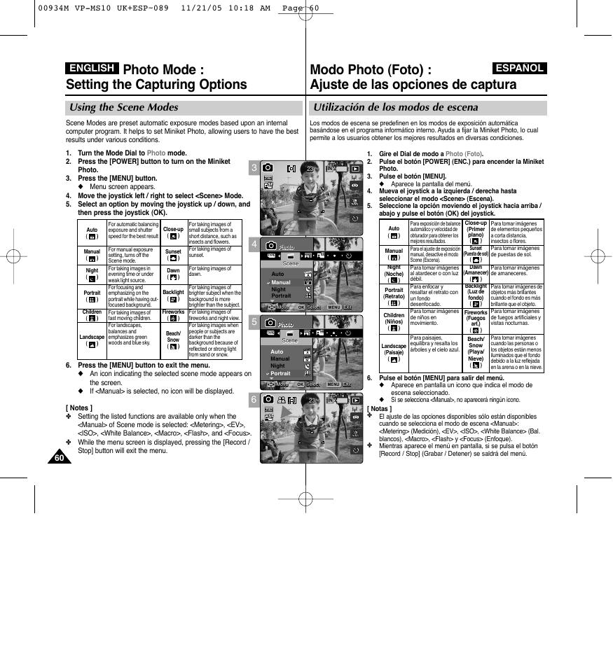 Photo mode : setting the capturing options, Utilización de los modos de escena, Using the scene modes | English español | Samsung VP - MS15(R) User Manual | Page 61 / 158