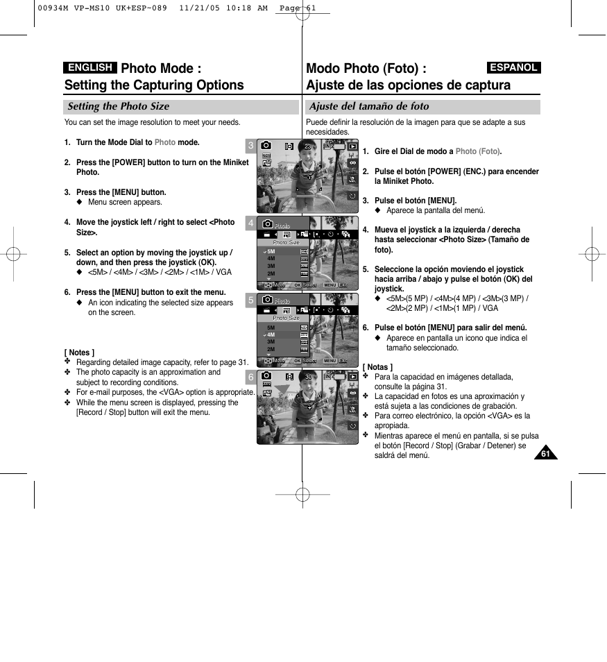 Photo mode : setting the capturing options, Ajuste del tamaño de foto, Setting the photo size | English español | Samsung VP - MS15(R) User Manual | Page 62 / 158